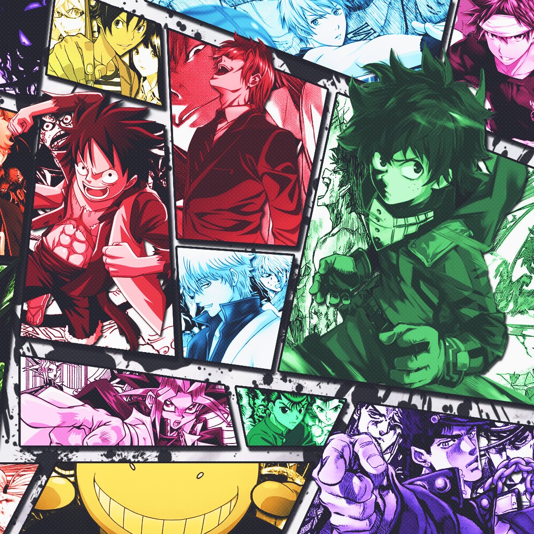 Anime crossover avatar: comic-panel collage of Monkey D. Luffy (One Piece), Light Yagami (Death Note), Asta (Black Clover), Izuku Midoriya, Goku, Sōma Yukihira and Naruto Uzumaki.