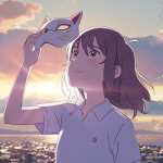 Forum avatar of Miyo Sasaki from A Whisker Away (Nakitai Watashi wa Neko wo Kaburu): young girl lifts a cat mask toward a sunset over a city, bathed in soft warm light with a wistful expression.