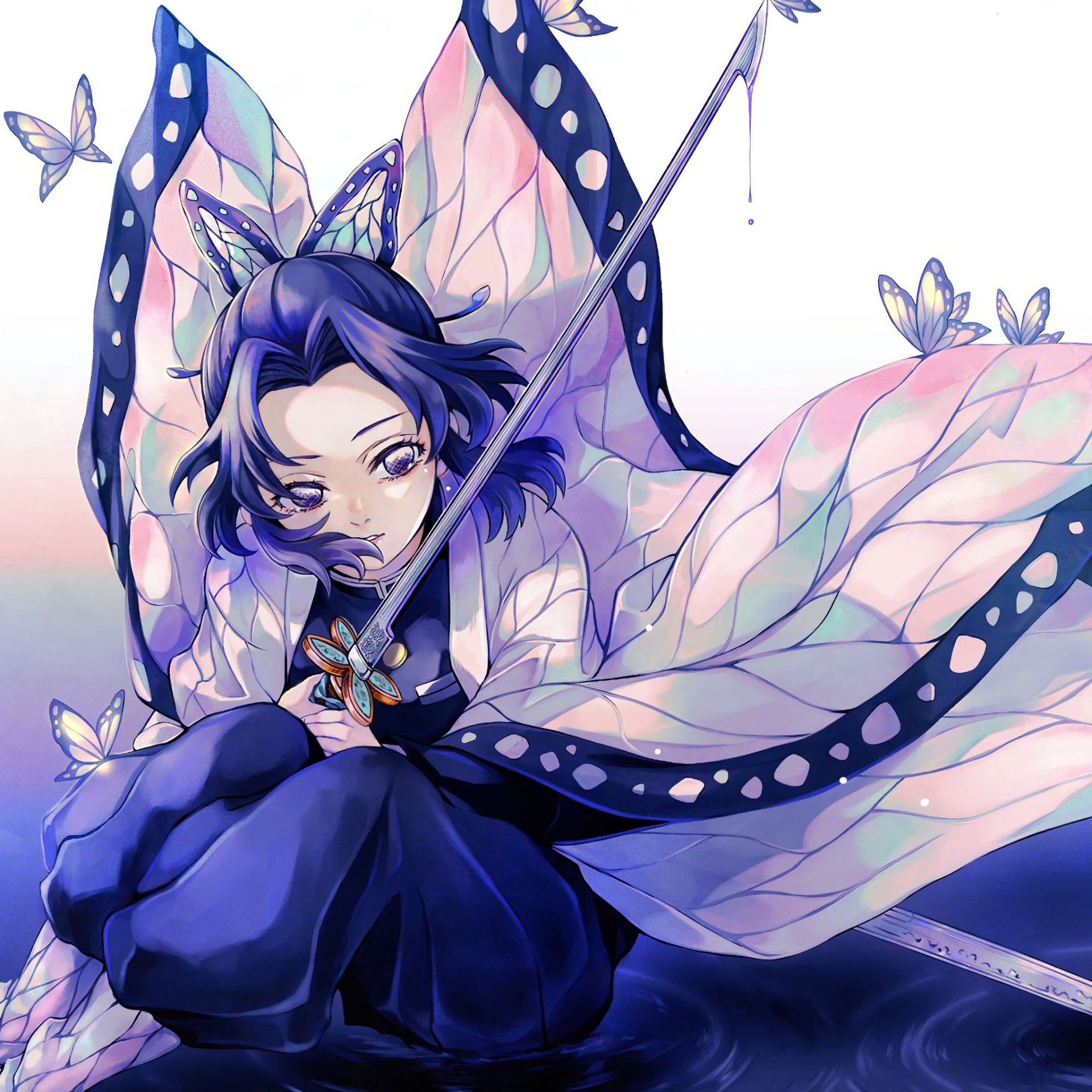 Forum avatar of Shinobu Kochou (Demon Slayer: Kimetsu no Yaiba) — anime portrait with iridescent butterfly wings, purple-blue kimono and a slender sword.