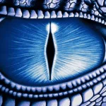 Close-up fantasy dragon eye with vivid blue iris, vertical slit pupil and scaly texture, stylized as a forum avatar/pfp.