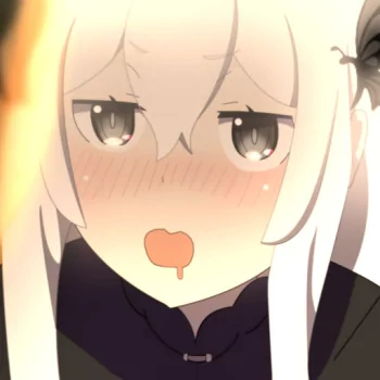 Forum avatar of Echidna (Re:ZERO) — anime close-up from Re:Zero - Starting Life in Another World: pale-haired Echidna blushing with half-lidded eyes and a small droplet at her mouth.