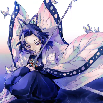 Forum avatar of Shinobu Kochou (Demon Slayer: Kimetsu no Yaiba) — anime portrait with iridescent butterfly wings, purple-blue kimono and a slender sword.