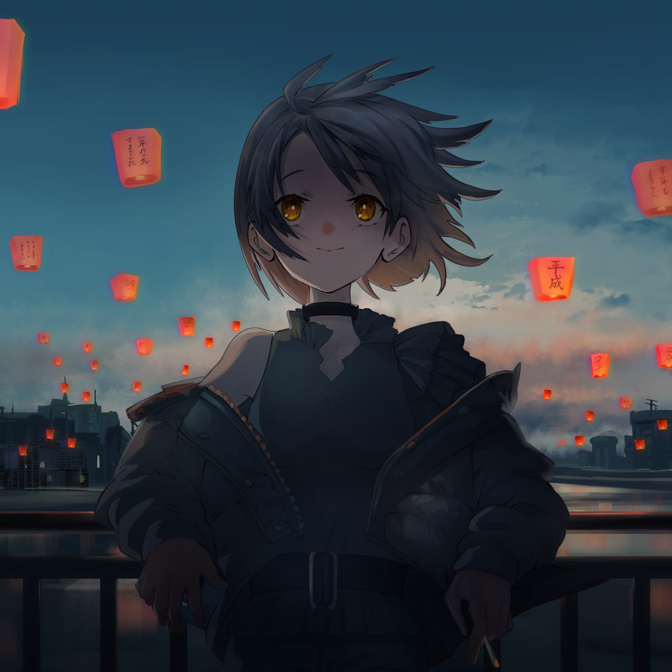 Girl looking at lanterns in the sky by Osd