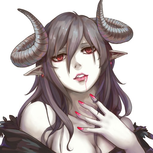Anime-style woman with long dark hair, red eyes, and curled horns, showing fangs and blood on her lips, set against a white background for a forum avatar.