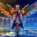 Fantasy angel forum avatar/pfp: luminous winged figure with rainbow wings and armor, standing over a glowing arena, forward-facing and dramatic.