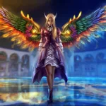 Fantasy angel forum avatar/pfp: luminous winged figure with rainbow wings and armor, standing over a glowing arena, forward-facing and dramatic.