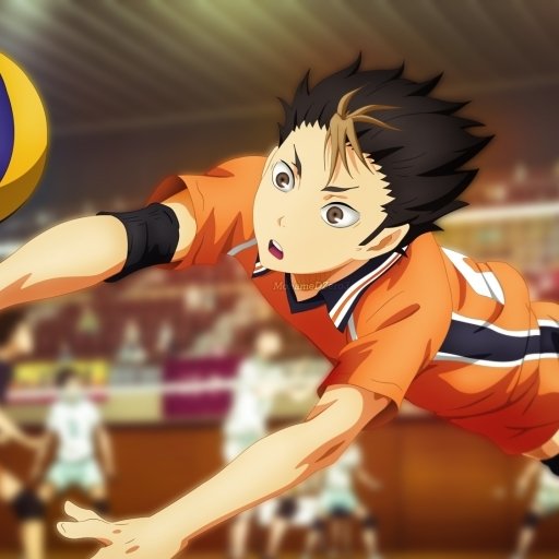 Forum avatar of Yū Nishinoya from Haikyū!! diving in his orange Karasuno uniform to dig a volleyball during a match.