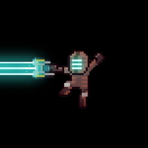 Pixel-art forum avatar merging Mega Man's arm cannon with Isaac Clarke's Dead Space helmet, firing a blue energy beam against a black background.