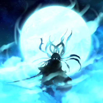 Silhouetted Muichiro Tokito from Demon Slayer: Kimetsu no Yaiba stands with swords drawn against a glowing full moon, surrounded by mist and ethereal blue light in this anime forum avatar.