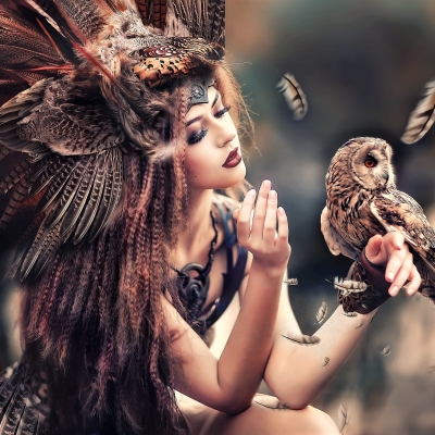 Girl with Owl and Feathers by Irina Nedyalkova