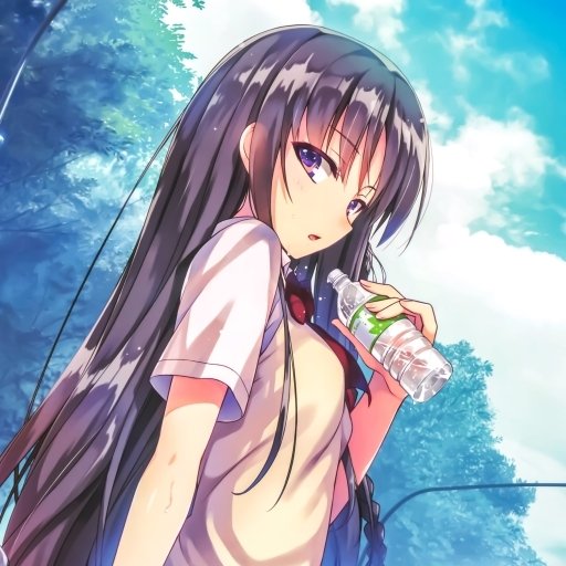 Anime forum avatar of Suzune Horikita from Classroom of the Elite: long dark-haired schoolgirl in uniform holding a water bottle beneath a bright blue sky.