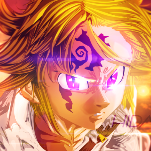 Close-up forum avatar of Meliodas from the anime The Seven Deadly Sins, purple demon mark glowing across his forehead and intense violet eyes.