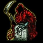 Dark forum avatar: red-hooded grim reaper clutching a scythe above a cracked tombstone etched with RIP.