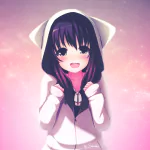 Anime-style original avatar featuring a smiling girl with long dark hair, wearing a white hoodie with cat ears. The background is a gradient of pink and purple.