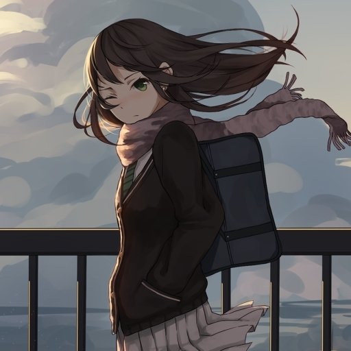 Anime forum avatar of Rin Shibuya from The iDOLM@STER Cinderella Girls: brown hair and green eyes, wearing a school uniform and scarf, windblown by a seaside railing at dusk.
