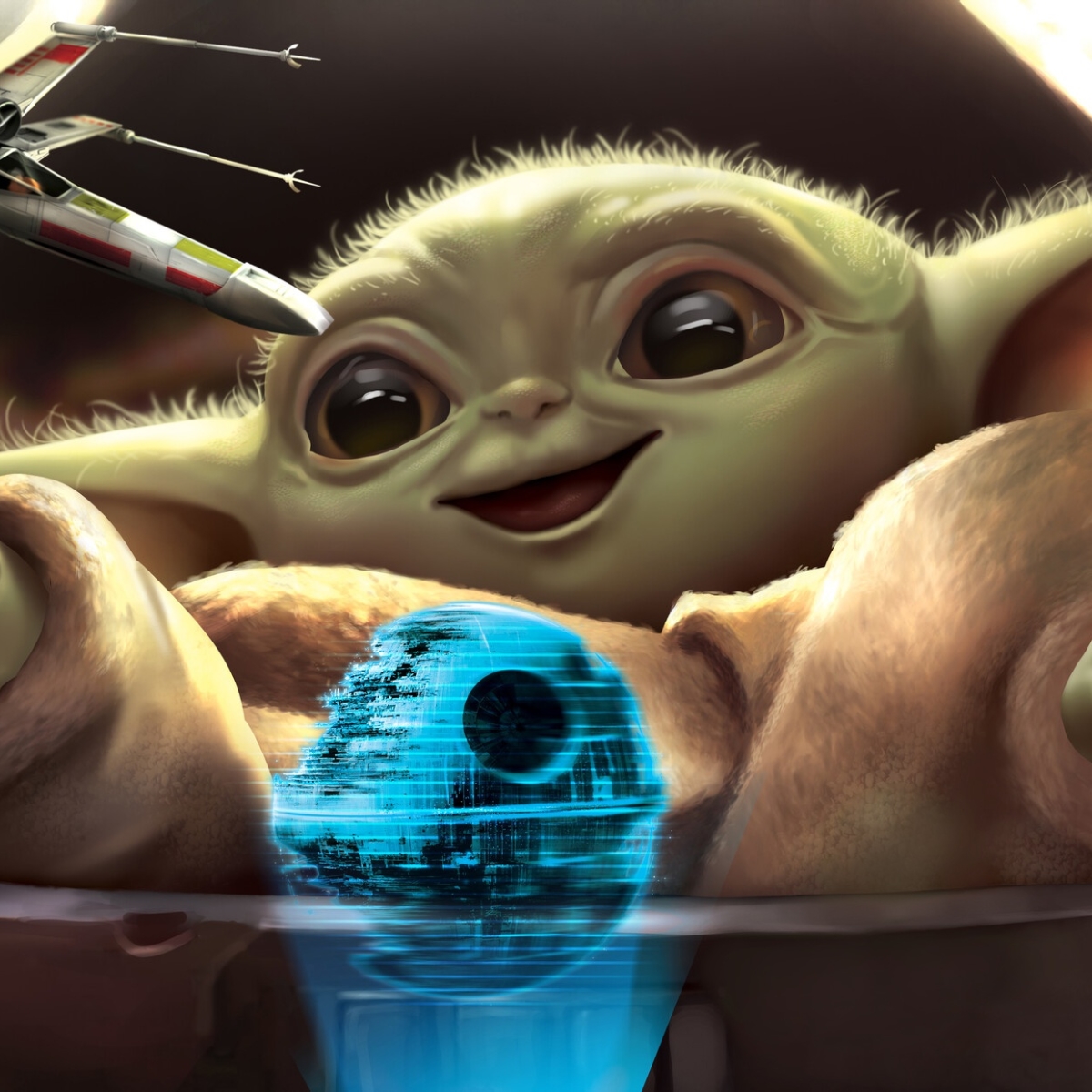 Baby Yoda playing with an X-Wing by Raymond Ariola