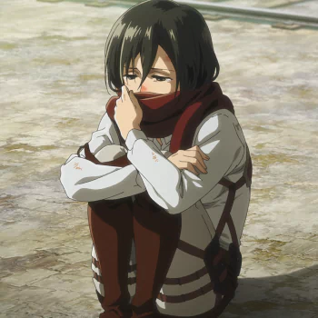 Mikasa Ackerman from Attack on Titan sits with arms folded, partially covering her face with her red scarf in this anime forum avatar image.