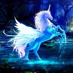 A glowing blue pegasus with wings standing in a mystical water scene at night, blending fantasy elements in a vibrant, ethereal style for a forum avatar.