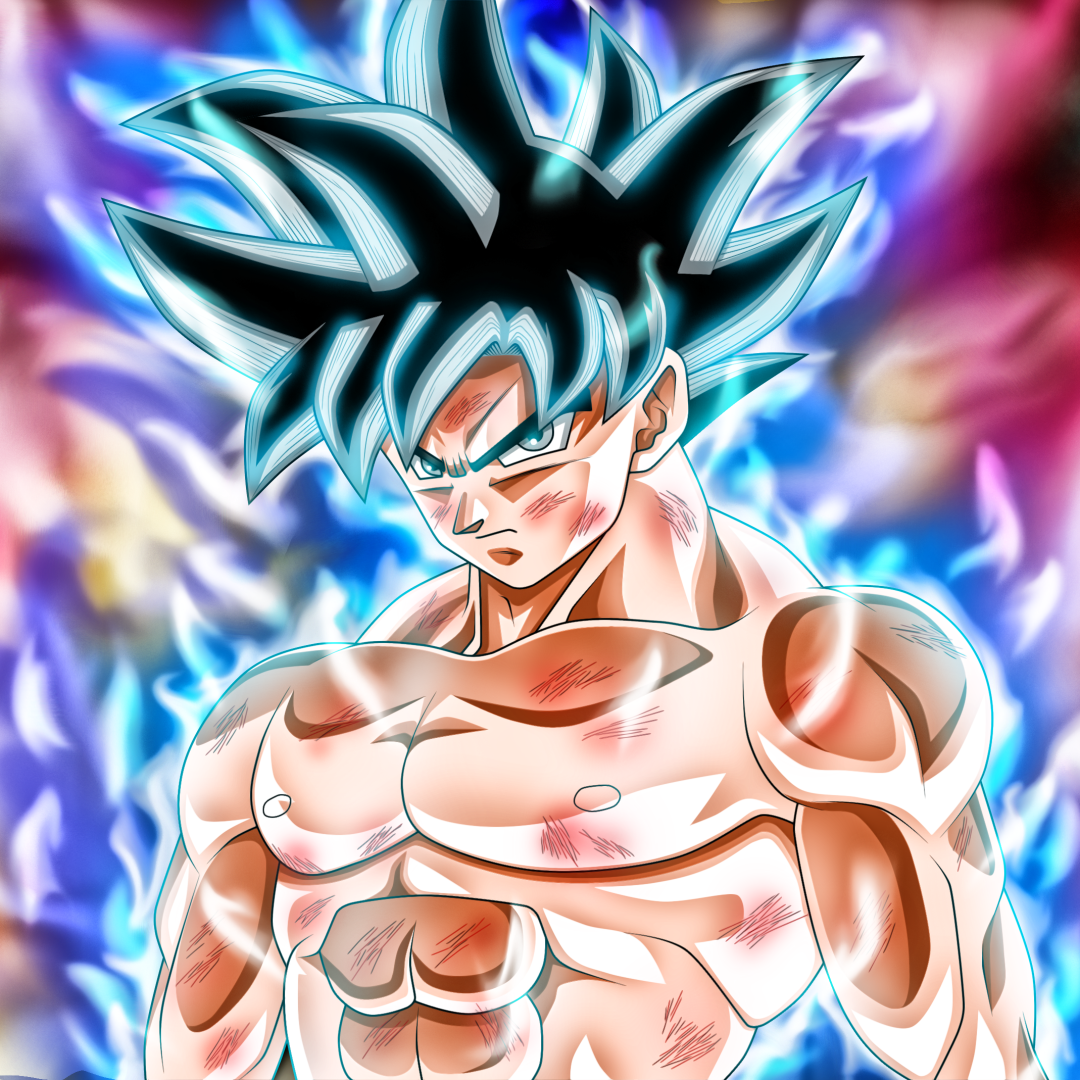 Forum avatar of Goku (Dragon Ball Super) — anime-style, shirtless and battle-scarred, spiky black hair, glowing blue aura and intense gaze.