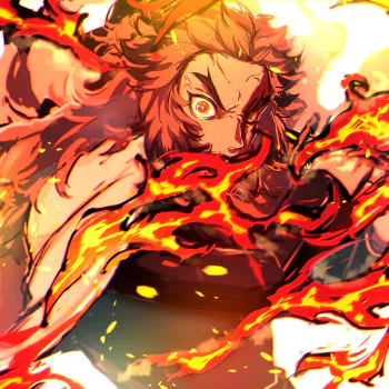 Dynamic forum avatar of Kyojuro Rengoku from the anime Demon Slayer: Kimetsu no Yaiba, showcasing his intense fiery flames and determined expression.