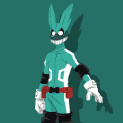 Minimalist anime forum avatar of Izuku Midoriya (My Hero Academia) in a teal hero suit, exaggerated toothy grin and red utility belt.
