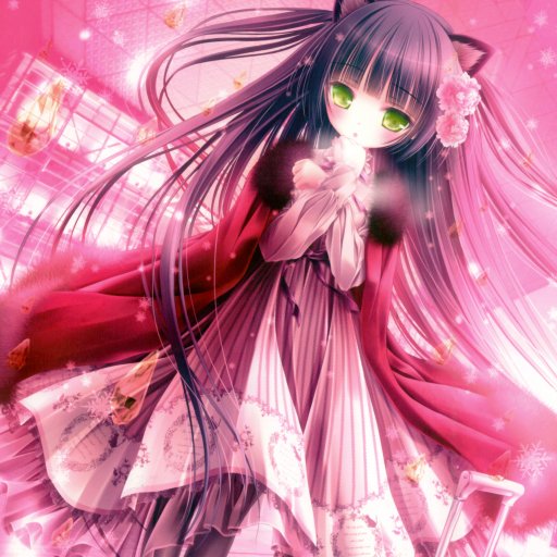Anime-style original cat girl with long black hair and striking green eyes, dressed in a flowing pink and red outfit, set against a vibrant pink background.
