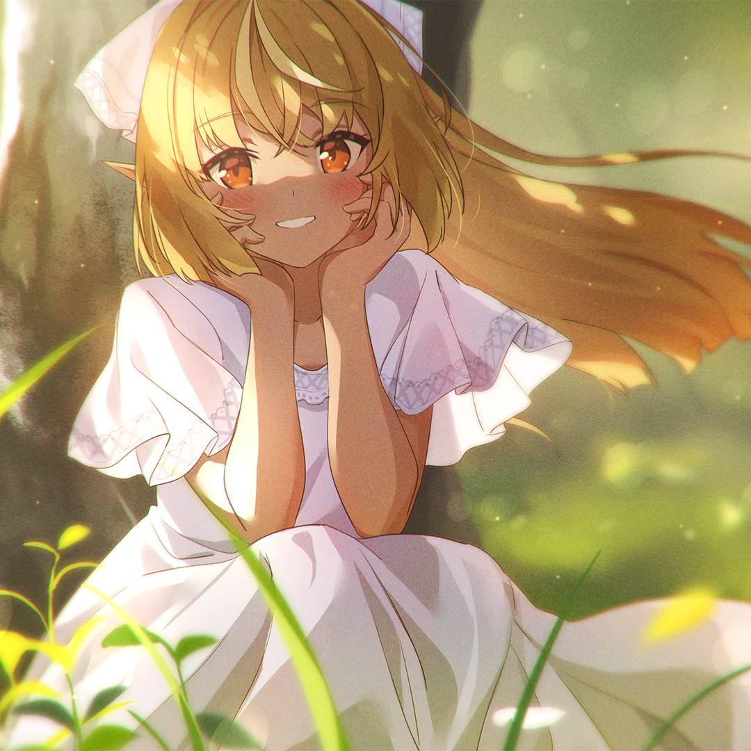 Anime portrait of Hololive VTuber Shiranui Flare smiling in sunlight, orange eyes and golden hair, wearing a white dress — warm, breezy forum avatar/pfp.