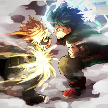 Dynamic anime-style profile image of Katsuki Bakugou and Izuku Midoriya from My Hero Academia facing off amid bursts of energy and smoke.