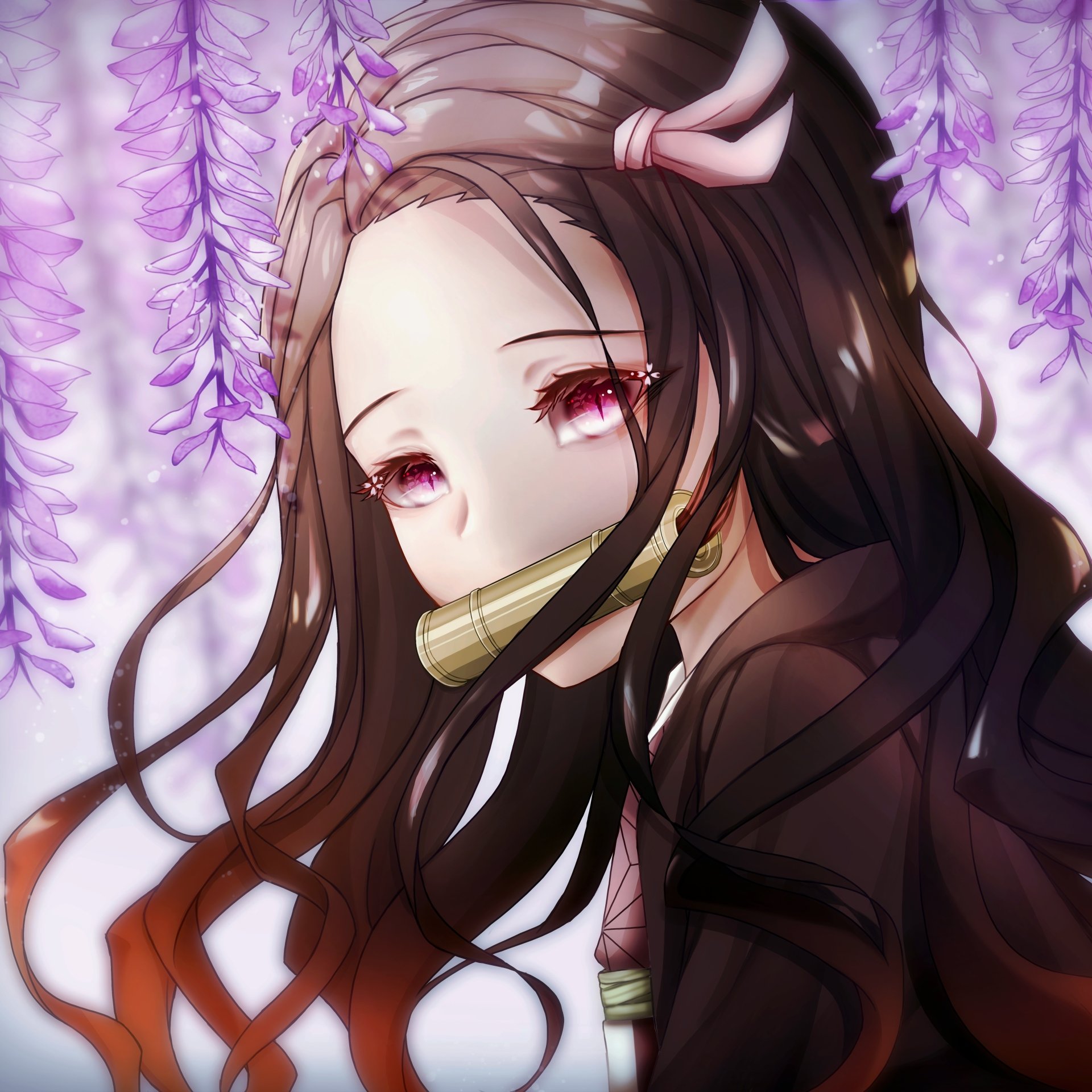 Forum avatar of Nezuko Kamado from Demon Slayer: Kimetsu no Yaiba — anime-style portrait with soft pink eyes, bamboo muzzle, long flowing dark hair and purple wisteria in the background.