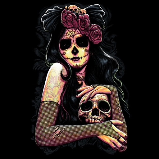 Fantasy Girl with Day of the Dead Make-up and Skeleton