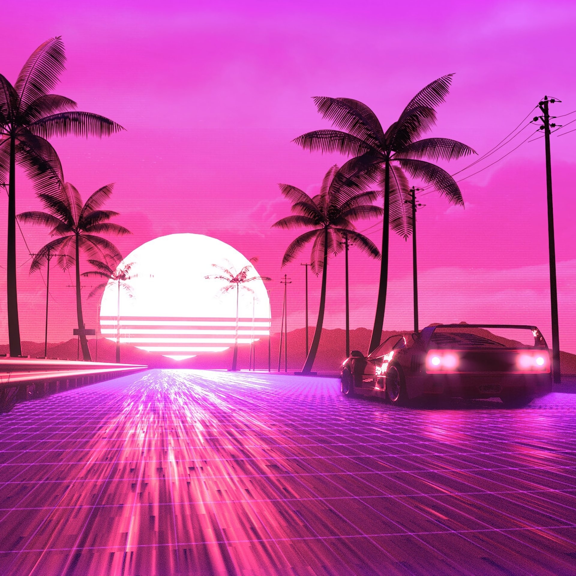 Download Palm Tree Car Sun Pink Retro Wave Artistic PFP by skiegraphic ...