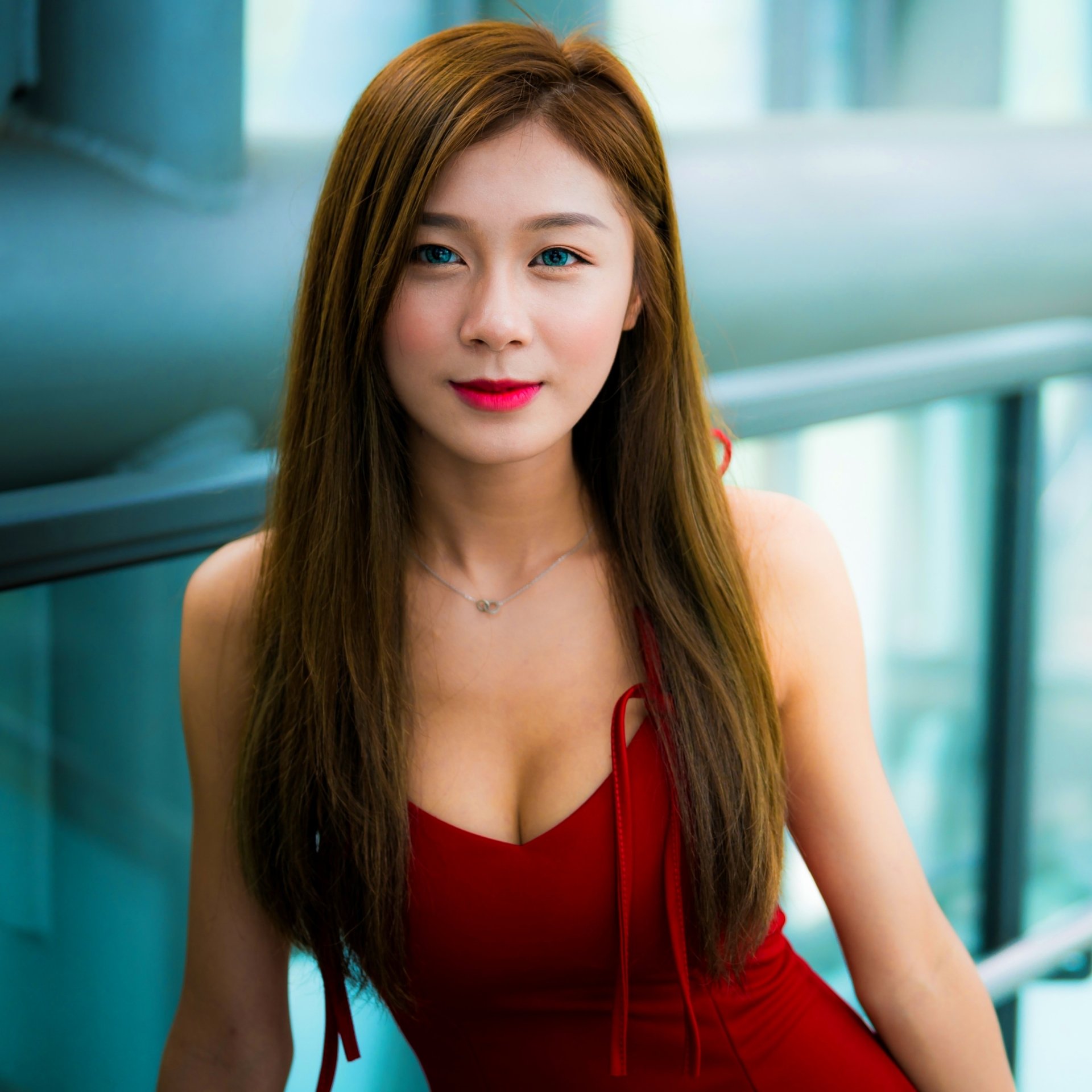Download Lipstick Blue Eyes Red Dress Brunette Long Hair Model Woman Asian PFP