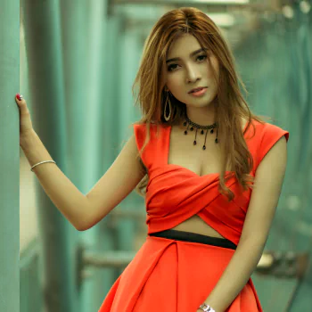 red dress brunette model asian woman PFP