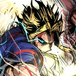 Forum avatar/pfp of All Might from My Hero Academia — anime-style close-up with a fierce glare, glowing eyes, energy streaks and lightning effects.