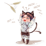 Chibi Levi Ackerman (Attack on Titan) as a catboy in Survey Corps uniform, ears and tail, blushing and meowing with feathers floating — cute forum avatar/pfp illustration.