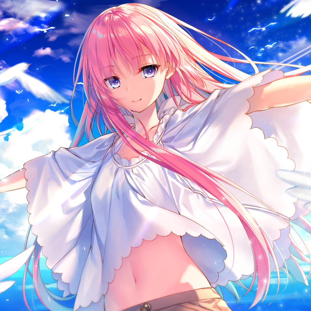 Anime-style girl with long pink hair and purple eyes, wearing a white flowing top against a bright blue sky with seagulls, depicted as a vibrant forum avatar.