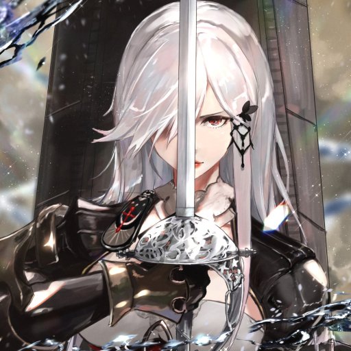 Forum avatar of Dunkerque (Azur Lane) in Free French Naval Forces attire — white hair, red eyes, holding a rapier to the viewer, stylized anime portrait.