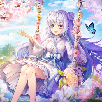 white hair blue eyes long hair flower dress butterfly Anime girl anime girl PFP