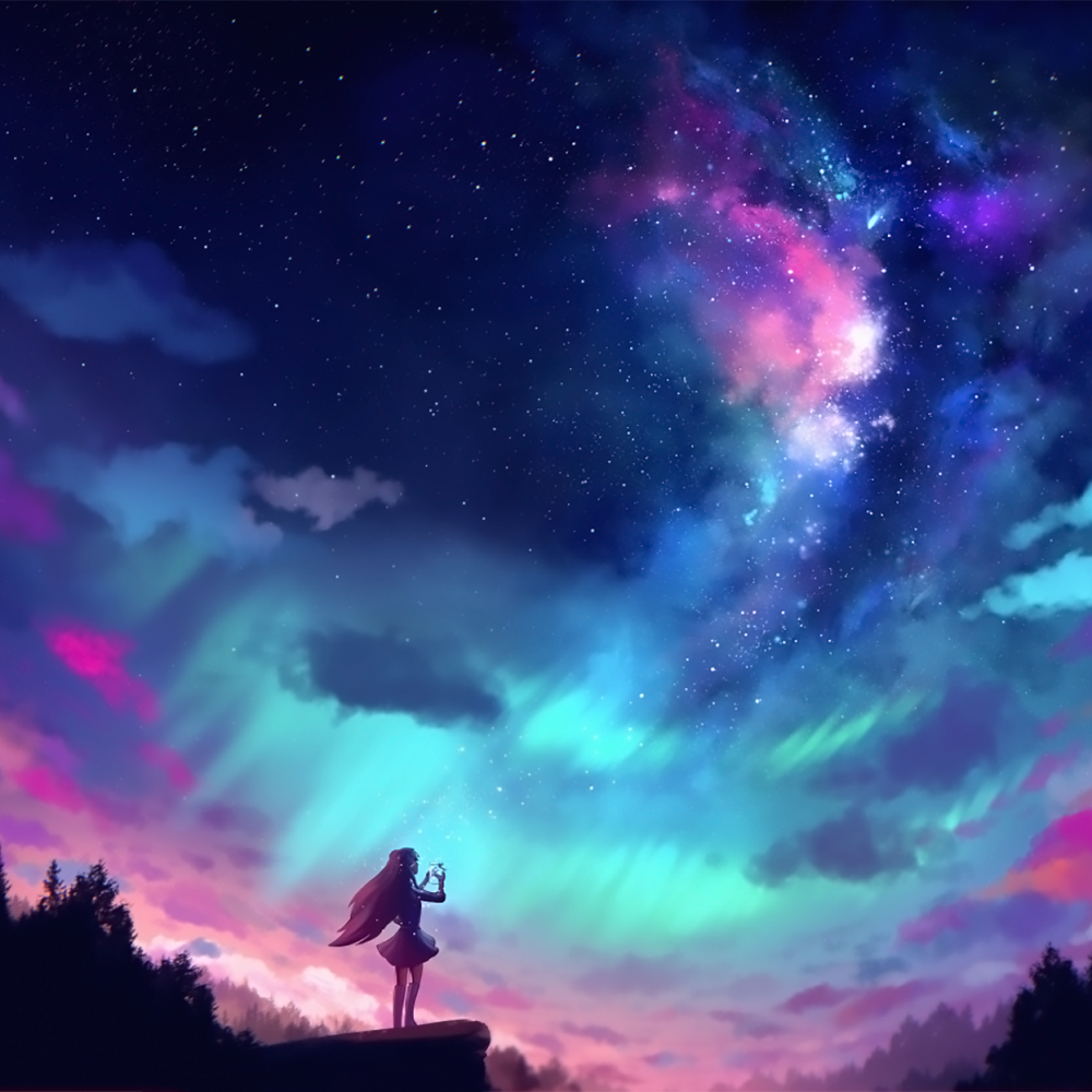 Anime Girl under Colorful Sky by AuroraLion