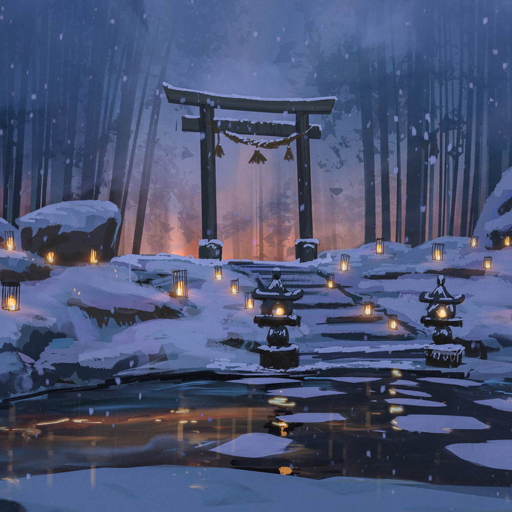Japanese Shrine Lit Up by Laterns in a Cold, Snowy Night by Surendra Rajawat