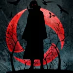 Anime-themed forum avatar featuring a silhouette of a Naruto character with a red crescent moon, black crows, and barren trees in the background.
