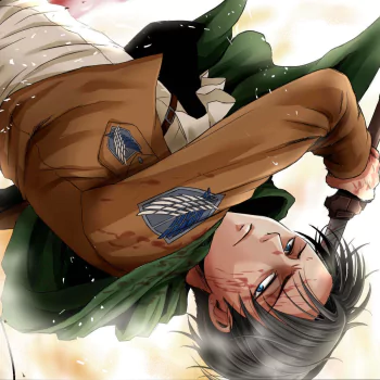 Forum avatar of Levi Ackerman from Attack on Titan: tilted close-up in Survey Corps jacket and green cloak, stern gaze, minor blood and a drawn blade.