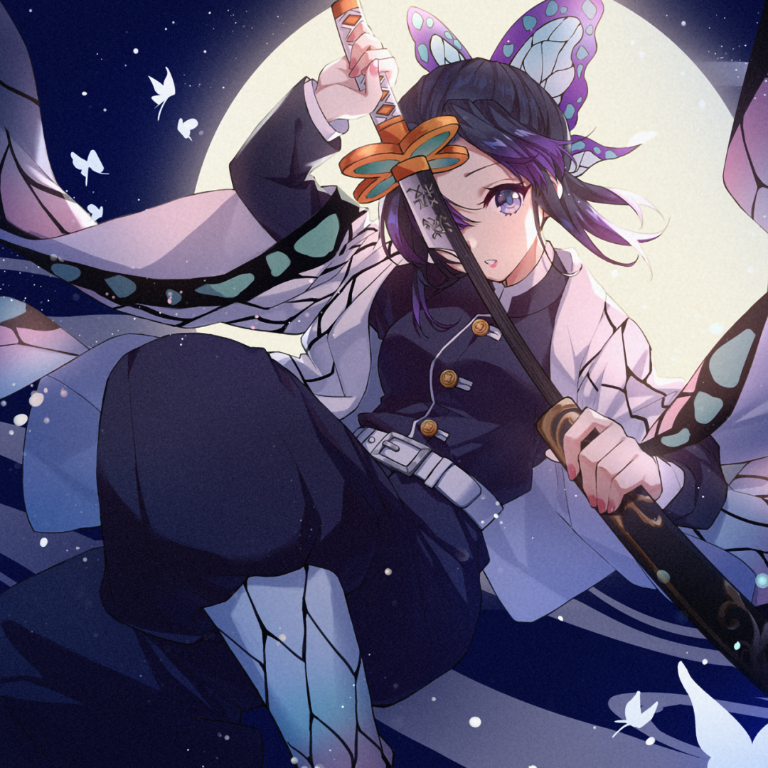 Forum avatar/pfp of Shinobu Kochou (Demon Slayer: Kimetsu no Yaiba) — anime-style portrait with butterfly motifs, holding a sword against a glowing moonlit background.