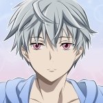 Forum avatar of a Mirai Nikki anime character: silver-haired youth with pale pink eyes and a calm expression, wearing a light-blue hoodie against a soft pastel sky background.