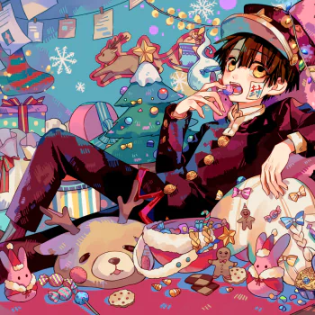 Festive anime forum avatar/pfp of Hanako-kun (Toilet-bound Hanako-kun) lounging among sweets, presents and a plush reindeer by a decorated Christmas tree, wearing his school uniform and hat.