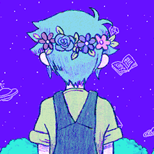 Forum avatar of Basil (Omori) from the video game OMORI: back-facing blue-haired Basil wearing a flower crown, green shirt and vest on a starry purple background with floating doodles.