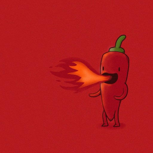 Funny forum avatar of a cartoon chili pepper with tiny arms and legs breathing a burst of fire on a red background.