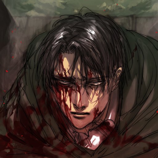 Anime forum avatar/pfp: Levi Ackerman from Attack on Titan, blood-smeared face and tangled hair, fierce glare in a dark, gritty portrait.