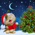 Forum avatar of a cheerful kitten in a Santa hat singing beside a decorated Christmas tree under a starry night with a crescent moon.