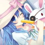 Date A Live anime avatar of Yoshino: blue-haired girl with a pink bow, winking and nibbling a snack while clutching her bunny puppet Yoshinon.